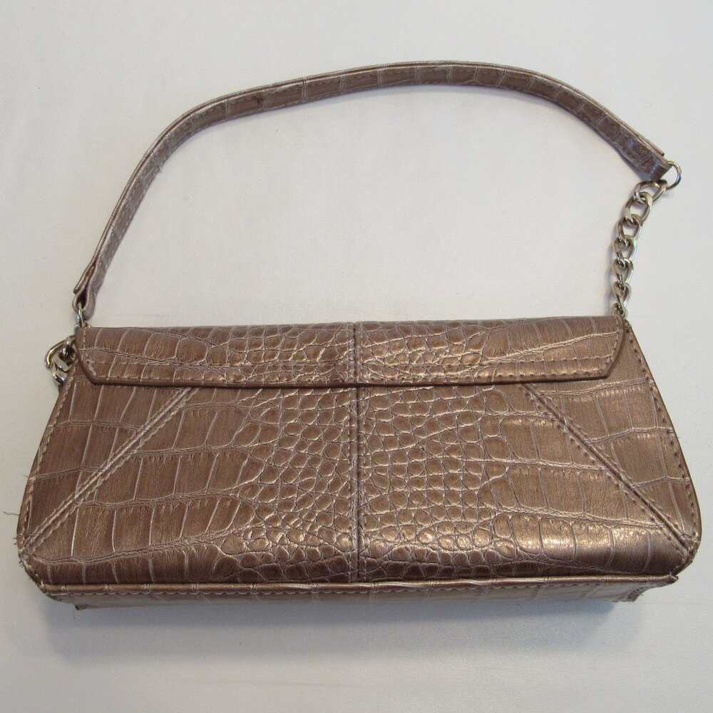 Liz Claiborne Metallic Champagne Gold Faux Croc L Flap Purse with Chain Strap - Picture 2 of 8